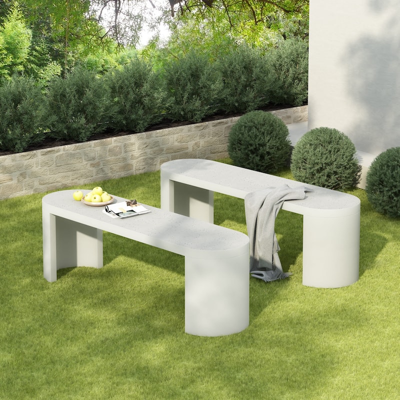Christopher Knight Home - Lior Outdoor Terrazzo White Concrete Dining Bench - 2 Piece + Terrazzo White 