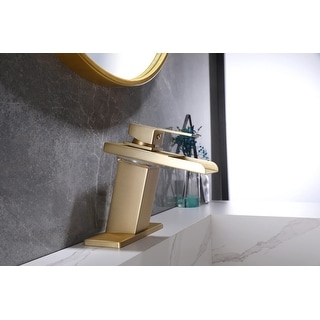 Brushed Gold Waterfall 3 Color LED Single Handle Bathroom Sink Faucet, Pop Up Brass Overflow Drain