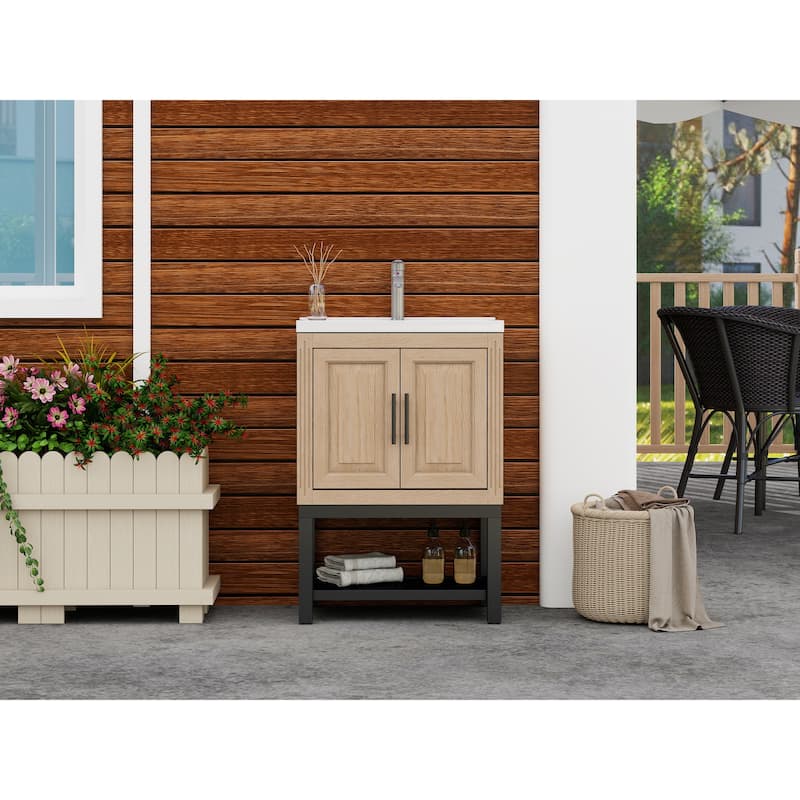 24" Bathroom Vanity with White Ceramic Sink & Hot and Cold Faucet , Freestanding Bathroom Cabinet with 2 Storage Doors