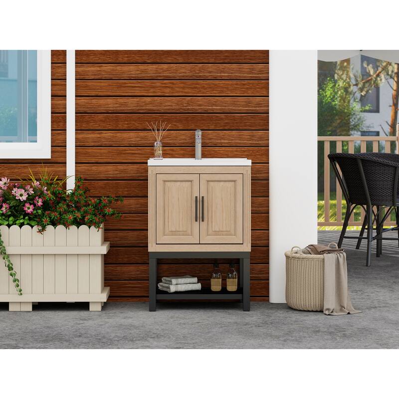 Roomfitters 24" Bathroom Vanity with Sink, Freestanding Storage Cabinet with 2 Doors and Open Shelf - Natural