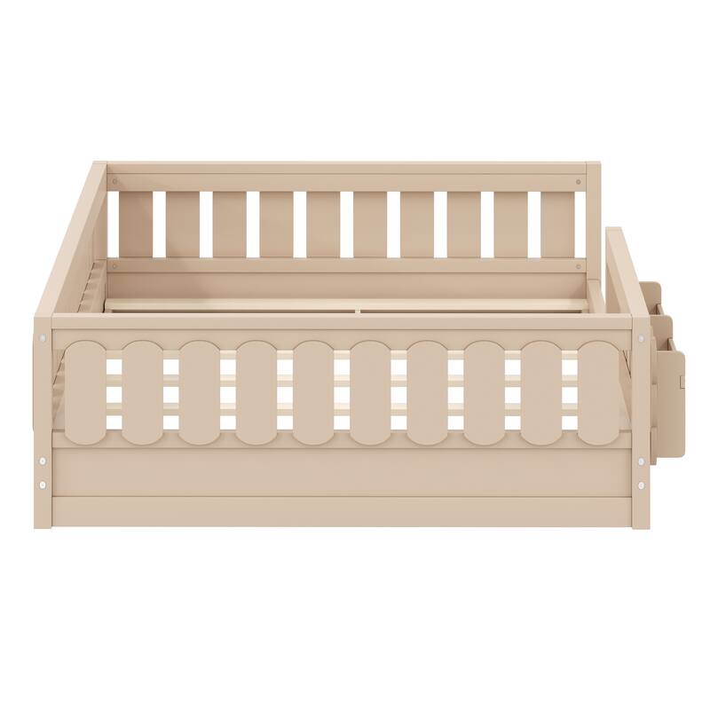 Roomfitters Full Size Wood Platform Bed with Guardrail and 2 Bookshelves