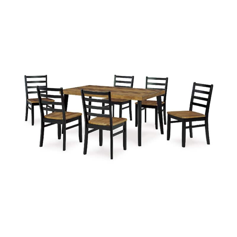 Bia 7pc Dining Table Set, Brown Chevron Tabletop, Black Ladderback Chairs