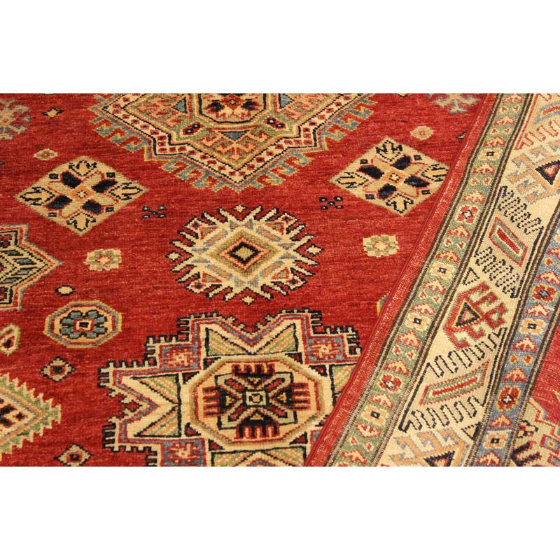 Tribal Super Kazak Amaris Red/Tan Hand Knotted Wool Rug - 4'1'' x 6'3''