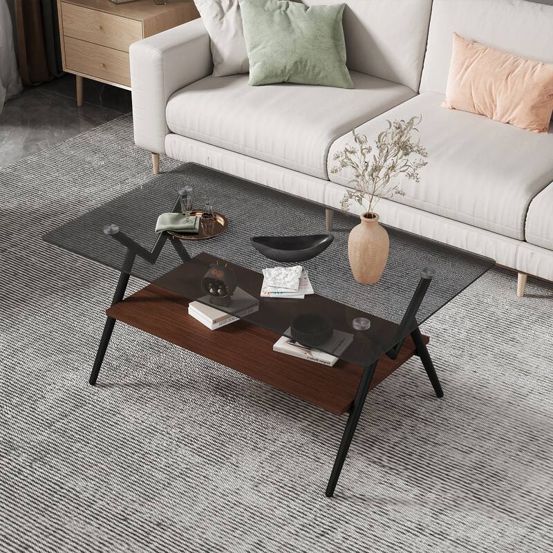 Rectangle Coffee Table with Tempered Glass Top and Shelf - Grey