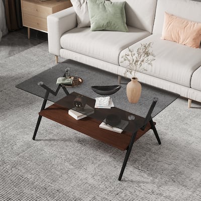 Rectangle Coffee Table with Tempered Glass Top and Shelf