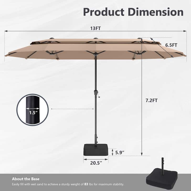 MAISON ARTS 13ft Double-Sided Outdoor Umbrella, 2-Tier Vented Market Umbrella with Colored Lights and Base
