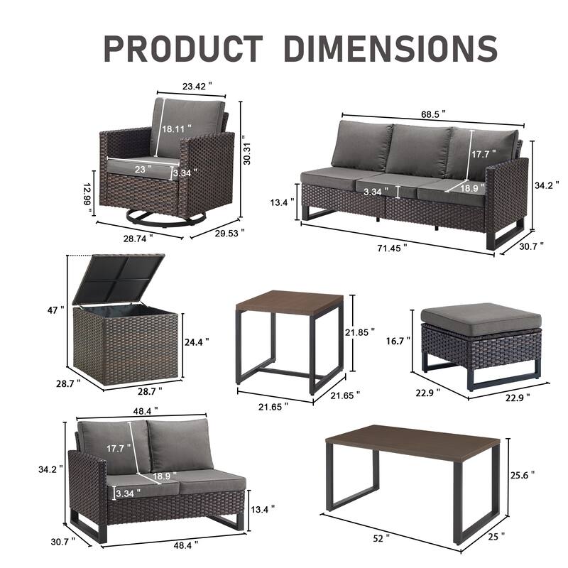 Gymojoy 9 Person Outdoor Courtyard Wicker Family Conversation Set Group With Swivel Chairs And Storage