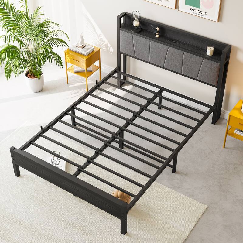 Queen/Full/Twin Size Bed Frame with Storage Headboard and Charging Station, Noise Free