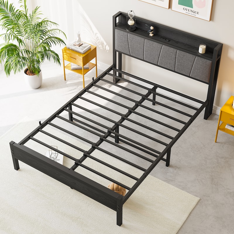 Solid Stable Twin Size Black Bed Frame, Storage Headboard w/ Charging Station, Easy Assembly
