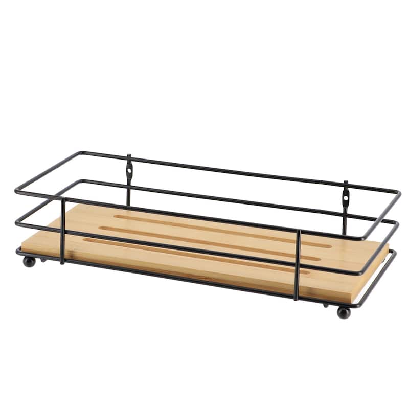 Bathroom Organizer Bamboo Tray Metal Wire - 10.4" L x 4.6" W x 2.4" H - Black Bamboo