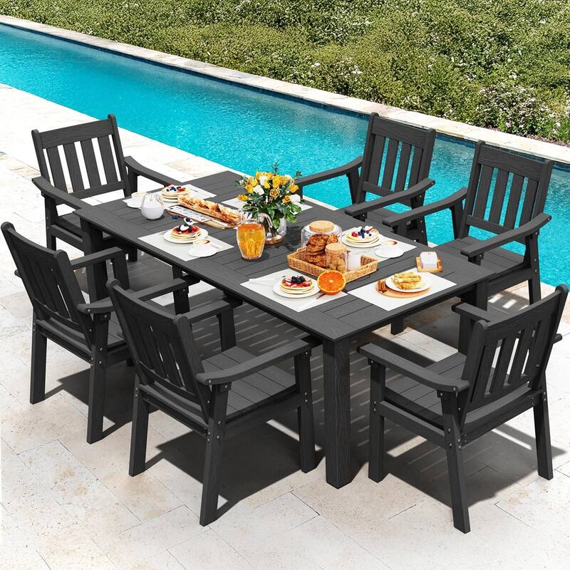 WINSOON 7-Piece HIPS All Weather Outdoor Patio Dining Sets with Umbrella Hole& Aluminum Frame,1-Table 6-Chairs - Black