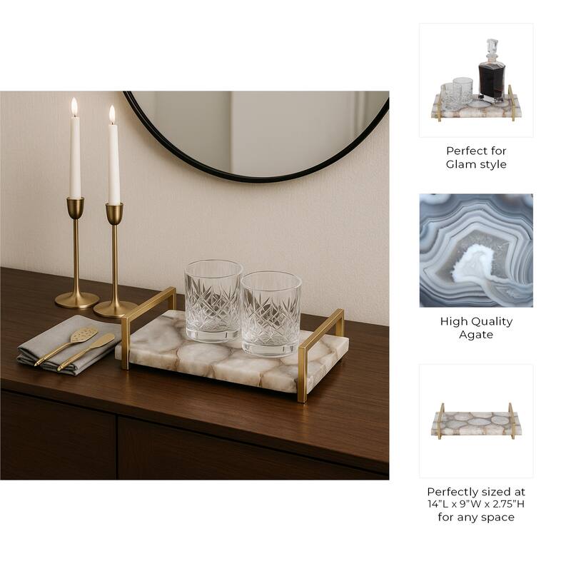 Rectangle Agate Tray with Metal Handles -Home Decor - 14", Ivory & Tan - 14.0"