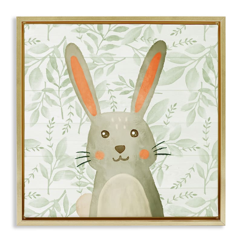 Stupell Whimsical Bunny on Florals Framed Floater Canvas Wall Art Design By Kim Allen - 18 x 18 - Gold