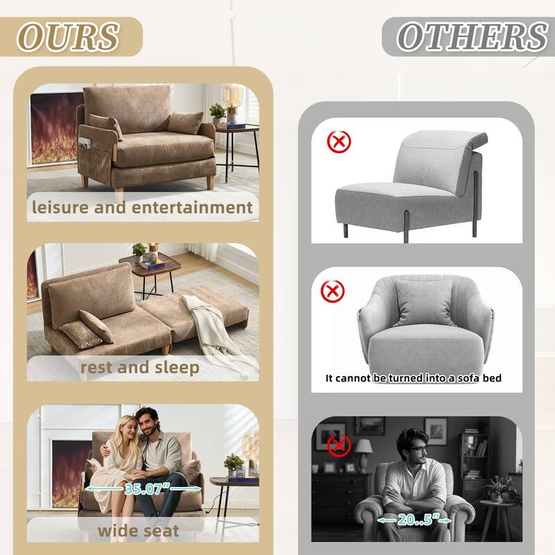 Chenille Upholstered Convertible Sleeper Recliner Foldable Chair Bed with 3 Pillows