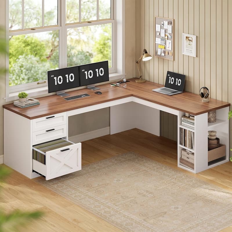 Farmhouse Executive L Shaped Desk Home Office Desk with Drawers and Storage Cabinet & Power Outlet