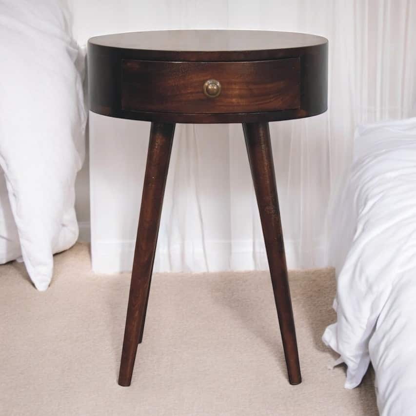 Solid Wood Circular Bedside Table with Drawer, Dark Brown Finish