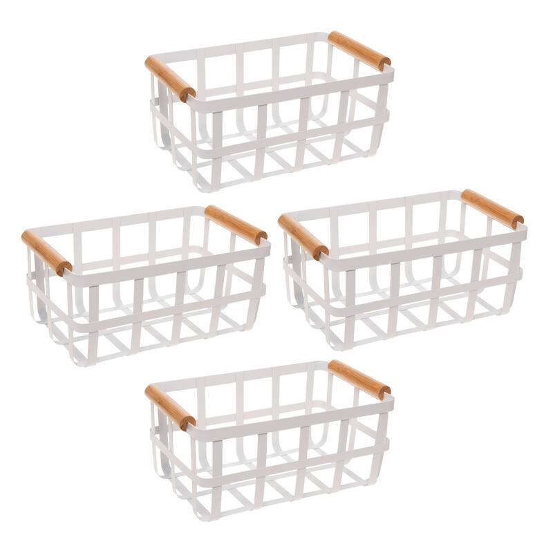 Simplify Rectangular Metal Basket with Bamboo Handles - White - 4 Pack