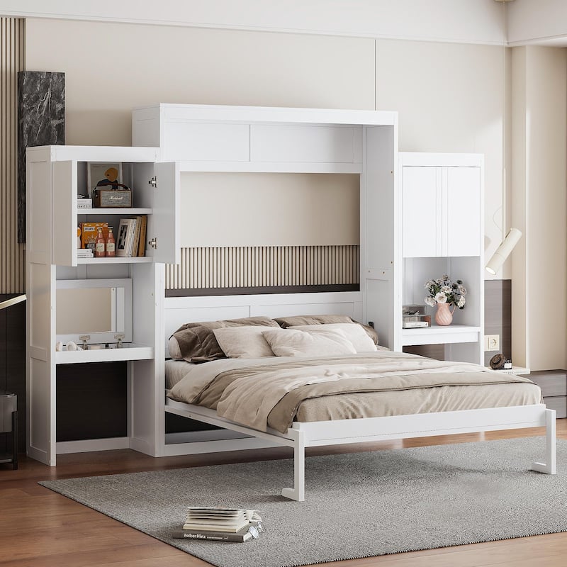 Queen Size Murphy Bed with 2 Doors Bookshelf and Vanity, Traditional Solid Wood Wall Bed, Can be Folded Platform Bed