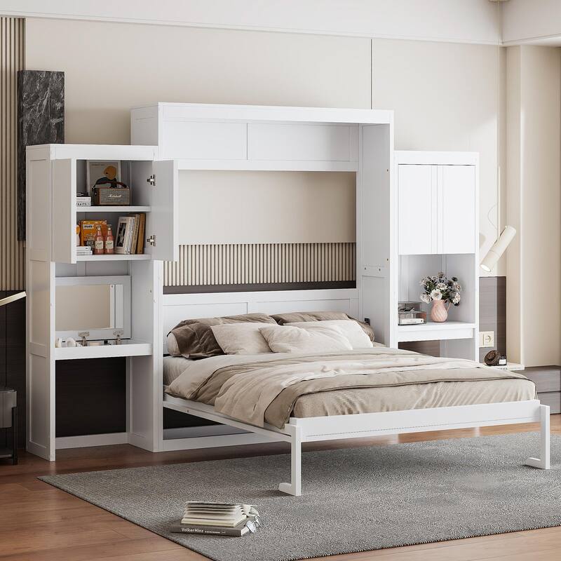 Queen Size Murphy Bed with Work Desk and Storage Cabinets, Wooden Foldable Wall Bed with Flip-Up Vanity for Bedroom Guest Room - White - Queen