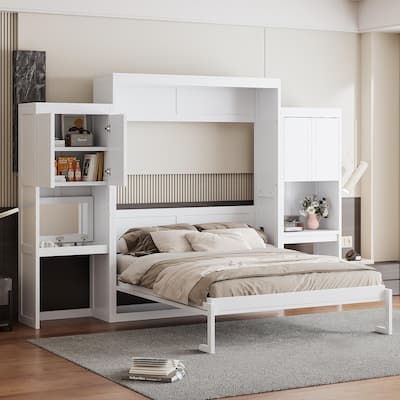 Queen Size Wall Murphy Bed with Desk, Vanity and 2 Storage Cabinets, Wooden Slat Support