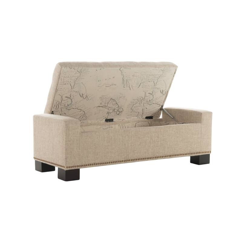 Abigail Storage Ottoman Bench, Nailhead Trim, Wheat Fabric, 51 Inch