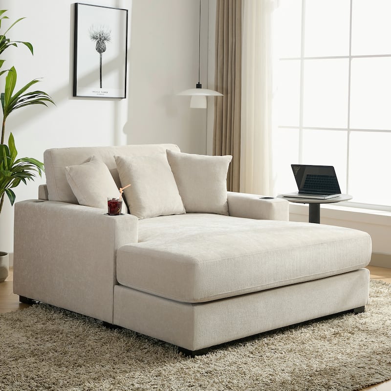 Chenille Fabric Chaise Lounges Couch with Pillows Charge Station and Cup Holders Lounge Chair Oversized Single Sofa Accent Chair