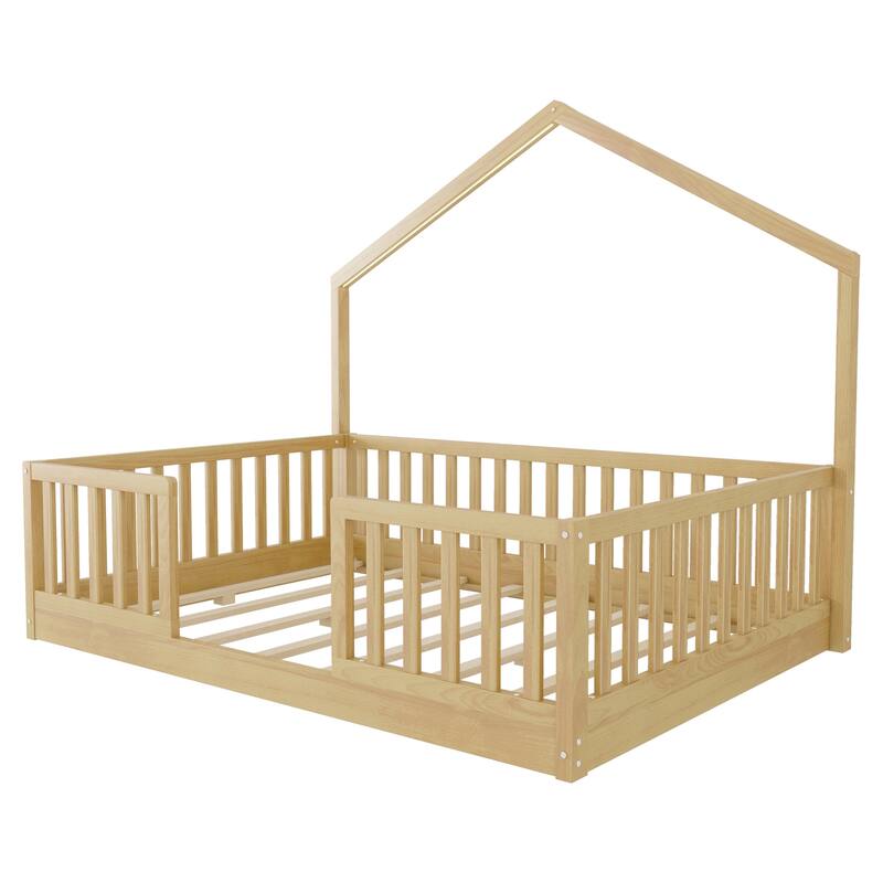 Wooden Floor Bed House-shaped Frame, Montessori Floor Bed with Light and High Rails, Wood Slat Support Floor Daybed