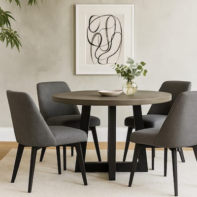 55 Inches Round Concrete Top Dining Table, Gray and Black