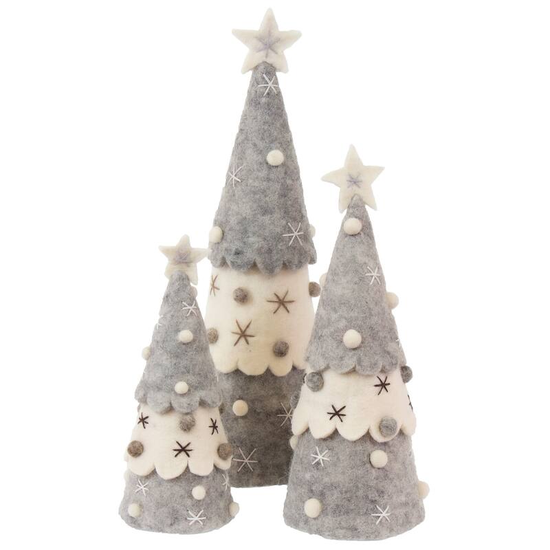 Handmade Felt Christmas Tree Topper or Tabletop Decor, Set of 3 Red - Grey - Wool