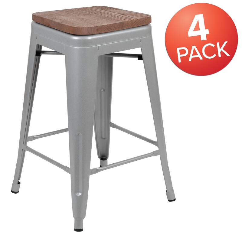 4 Pack 24" High Metal Indoor Counter Bar Stool with Wood Seat - Stackable Stool