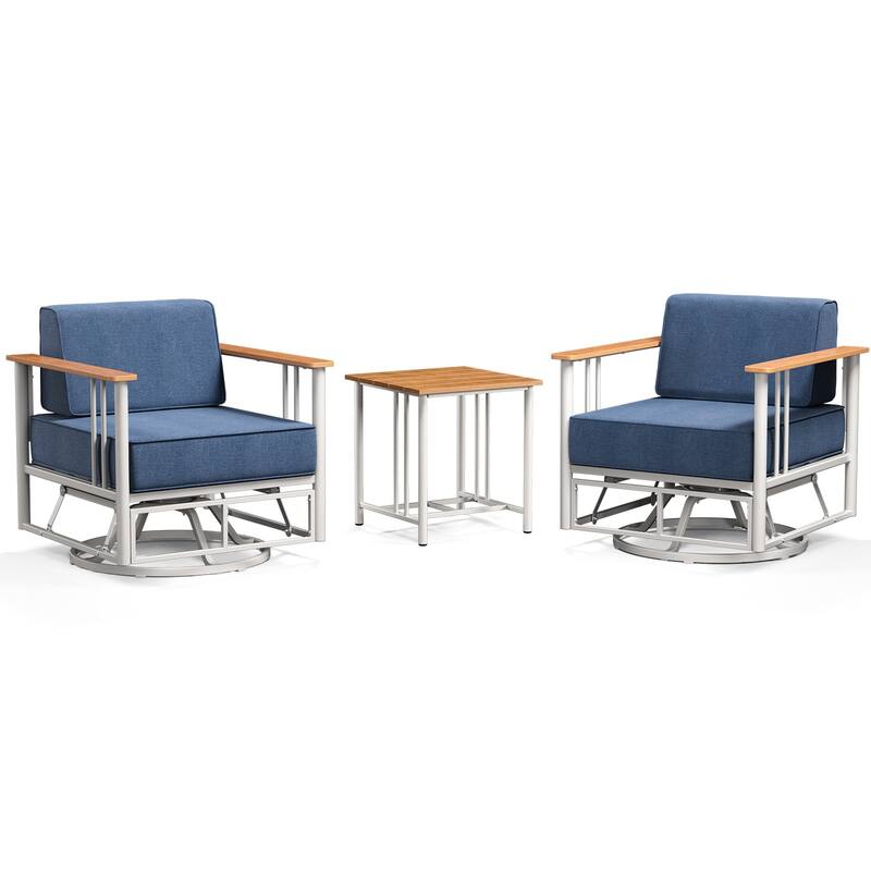 Puffin 3-Piece Black Metal Swivel Gliders Set with 6-Inch Thick Dark Gray Cushions and Side Table