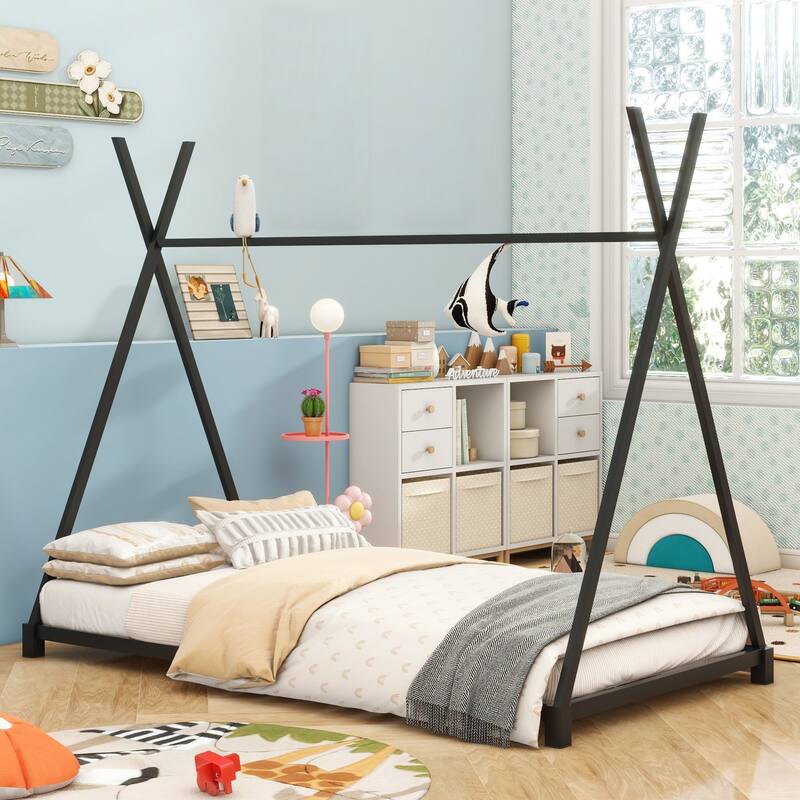 Twin Size Kids House Bed Tent Bed Frame, Triangle Structure for Kids, Fun Indoor Sleeping Space, Easy Assembly🏕️