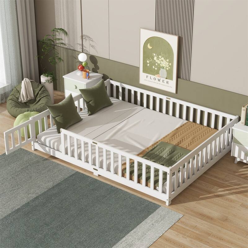 Twin/Full/Queen Size Floor Bed with Fence Guardrails and Door, Rubber Wood Toddler Bed Montessori Bed with Slats Support