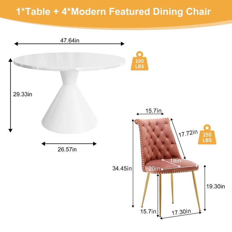 48" Light Luxury White High Gloss Large Countertop Dining Table with Velvet Dining Chair Set