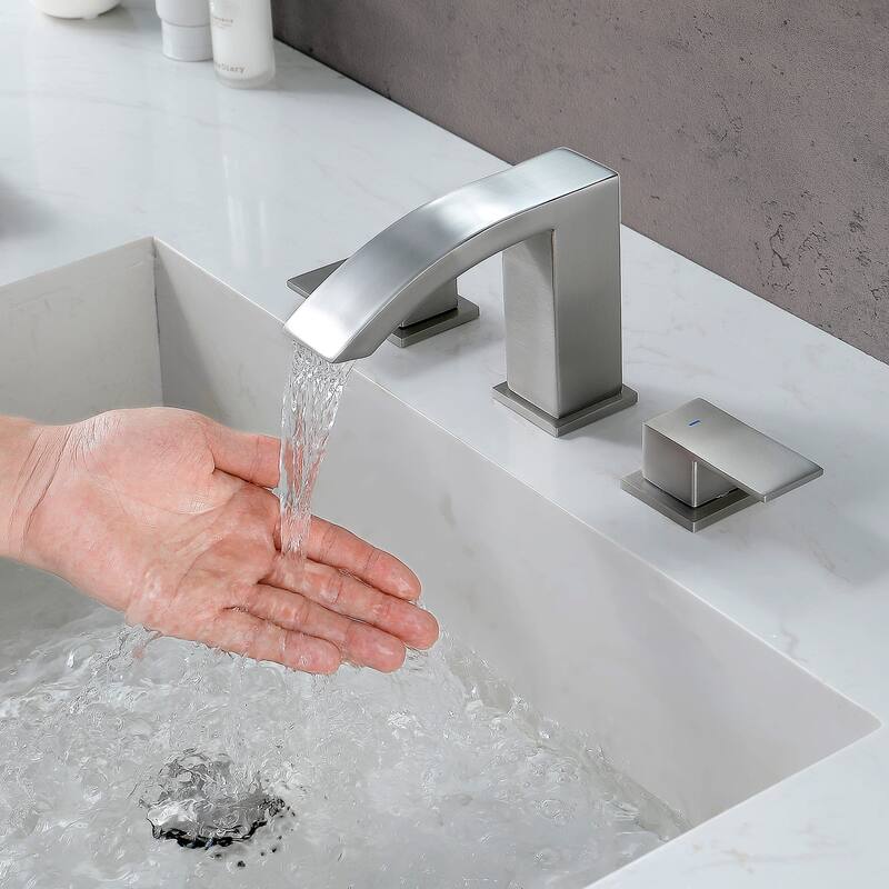 Widespread Bathroom Sink Faucet With Drain Assembly 3 Holes 8 Inch Waterfall Bathroom Faucet Two Handle Modern Basin Vanity Tap