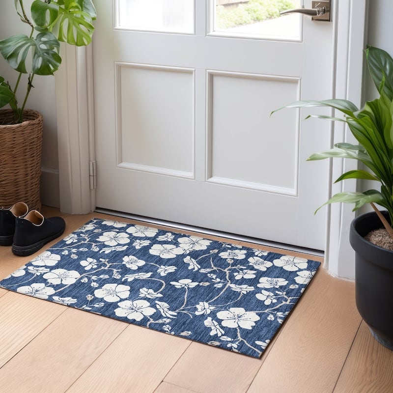 Machine Washable Indoor/ Outdoor Calm Floral Chantille Rug - Navy - 1'8" x 2'6"