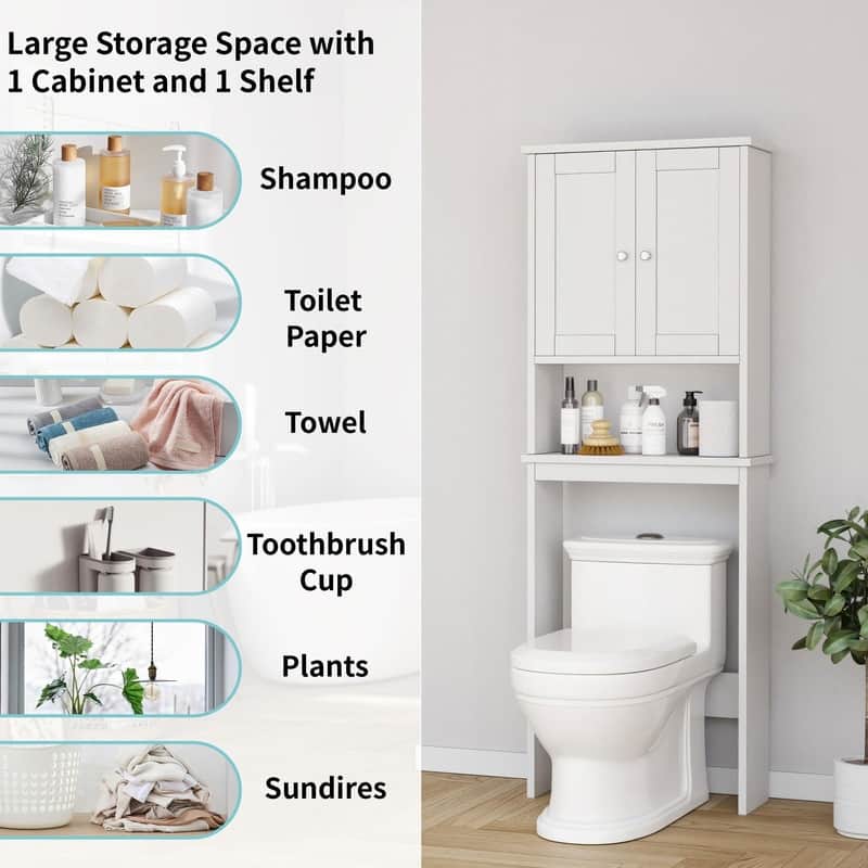 Over The Toilet Storage Cabinet, Wood Door - 8.5"D x 23.6"W x 65.4"H