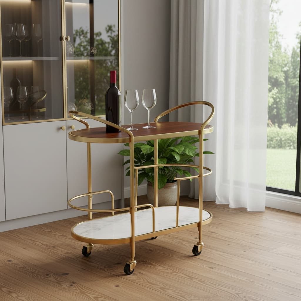 HomeRoots 32" Brown Gold And White Iron Solid Wood and Marble Oval Rolling Bar Cart - 32.00 in. x 30.90 in. x 18.00 in.