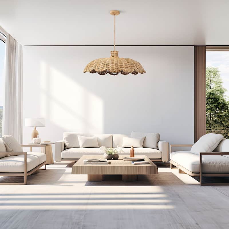 Aurelia Rattan Pendant Light - Natural Hardwired Light Fixture for Kitchen Island or Dining Room in Boho or Coastal Style