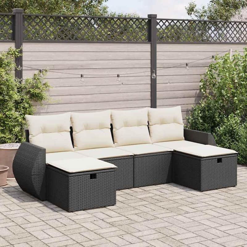 vidaXL Patio Sofa Set with Cushions Outdoor Furniture 6 Piece Poly Rattan - Black and cream 6 Piece