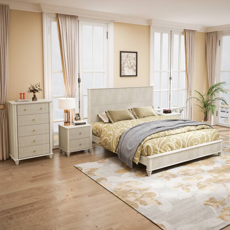 Bedroom Set with Wooden Platform Bed and Nightstands - Beige(1 Bed+1 Dresser+2 Nightstands) - King - 4 Piece