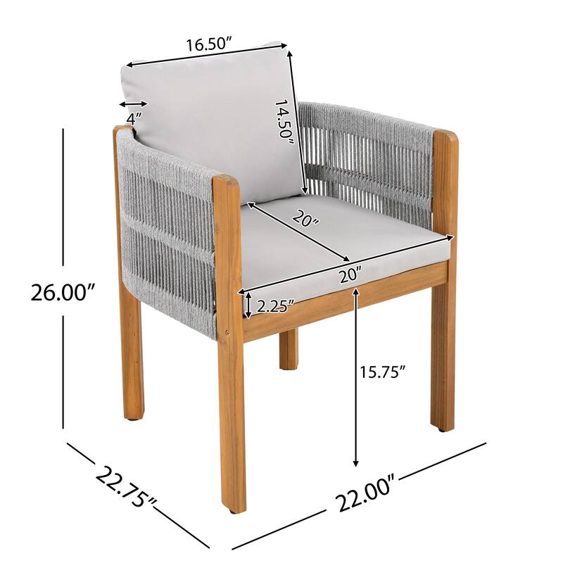 Acacia Wood Outdoor Dining Chairs 2-Pack with Rope Handles, Washable Waterproof Cushions, 400 lbs Capacity