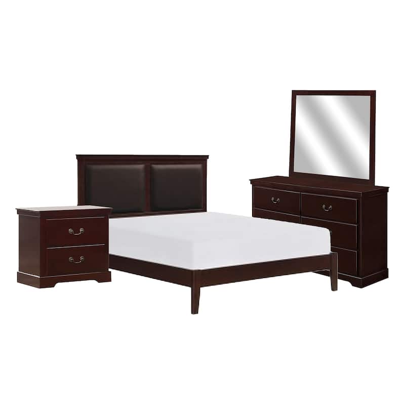 Balli 4 Piece Queen Size Bedroom Set, Black Leather Panel Padding, Cherry Brown