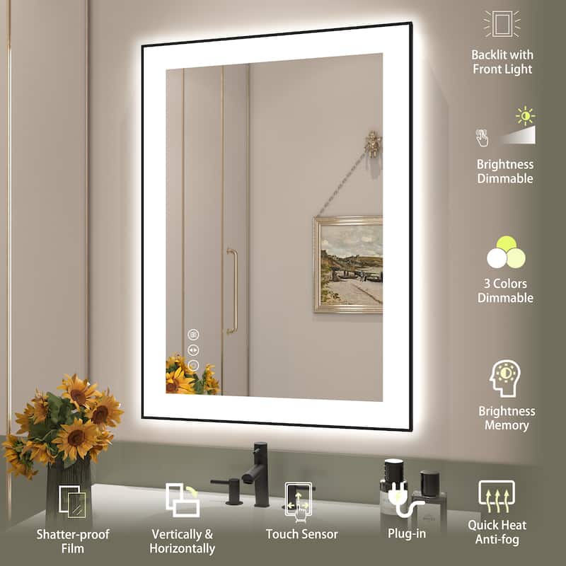 Rectangular Aluminum Framed Backlit and Front Light LED Wall Bathroom Vanity Mirror - N/A