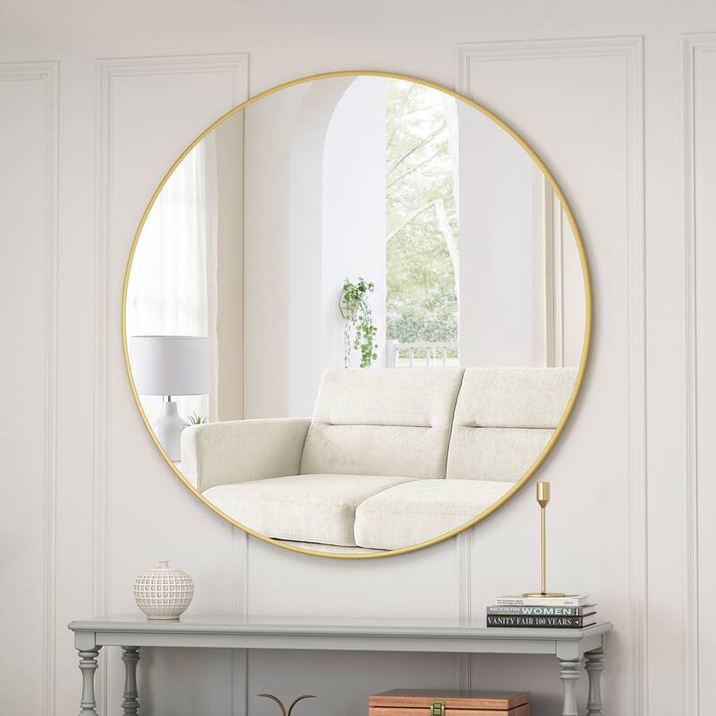 39 Inch Circular Mirror Metal Framed Round Mirror,Vanity Mirror - Antique Gold