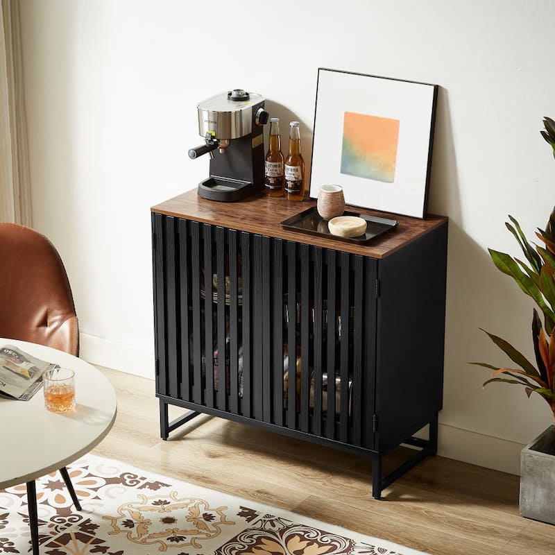 Accent Cabinet with Slatted Grille Striped Doors, Freestanding Wooden Buffet Cabinet, Storage Cabinet with Metal Legs - Black+Brown