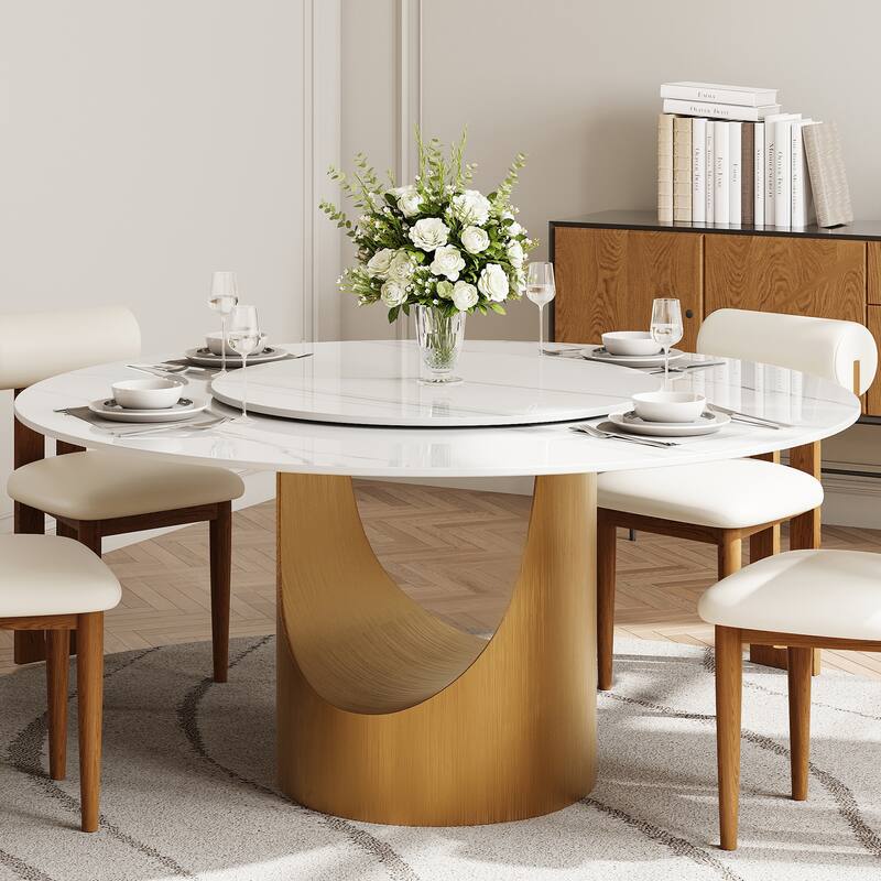 51 &59" Modern Round Dining Table for Diningroom，White Glossy Stone Tabletop,Bronze Carbon Pedestal