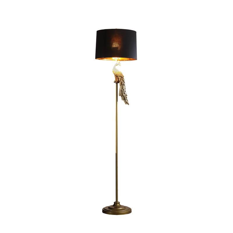 HomeRoots 65" Gold And Black Floor Lamp With Black Fabric Drum Shade - 15" L x 15" W x 64.5" H