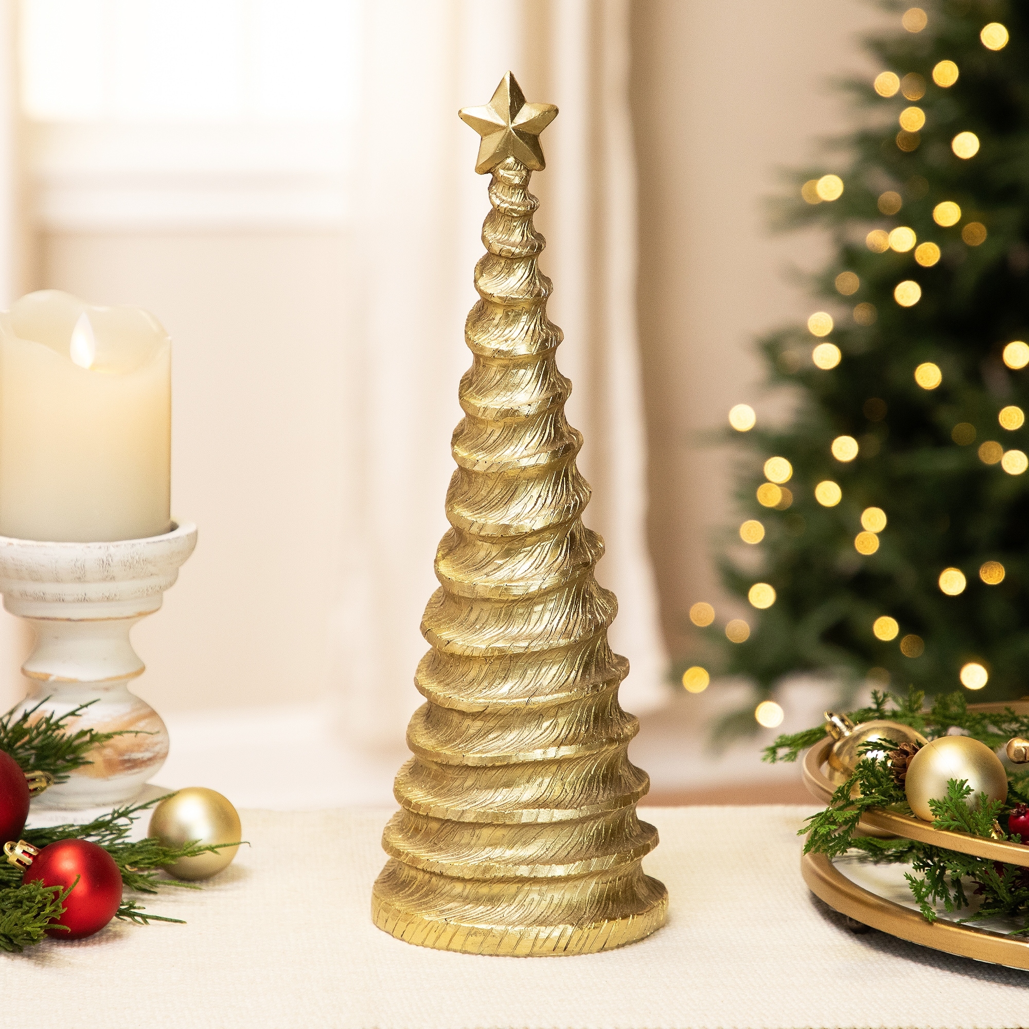 Metallic Swirling Spirals Tabletop Tree with Star Christmas Decoration - 13.5" - Gold