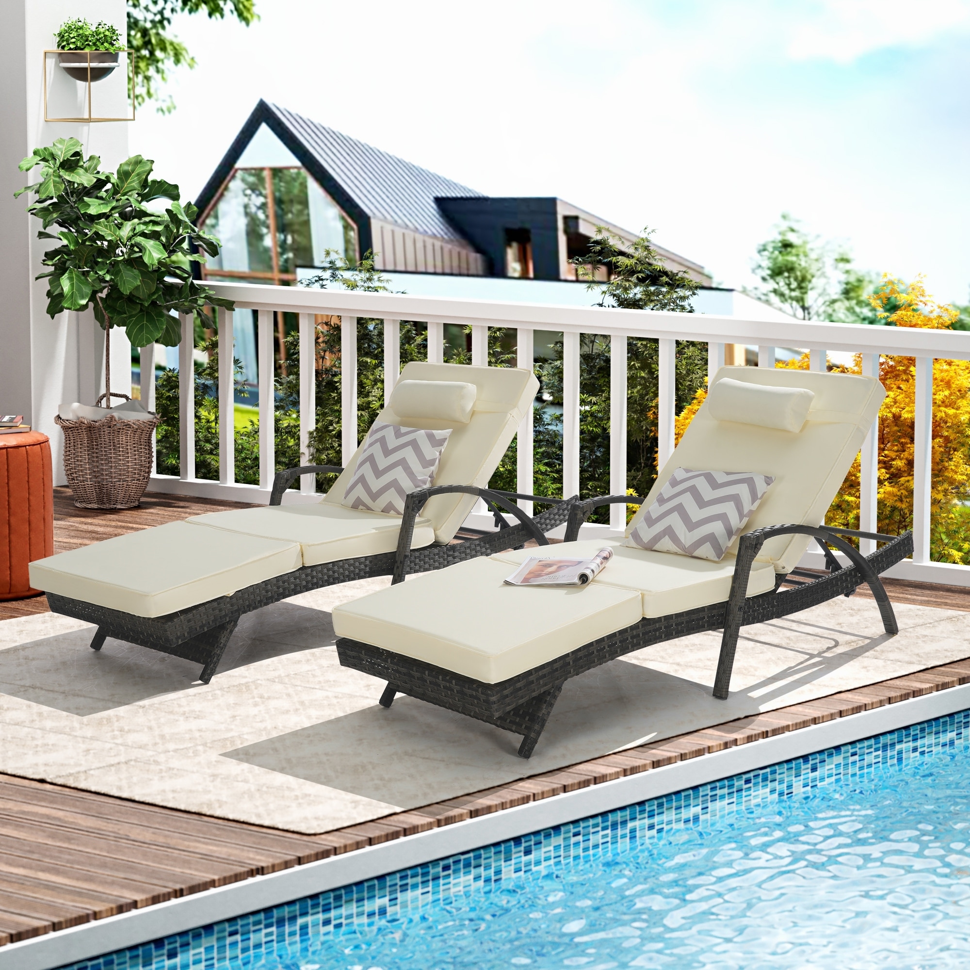 Outdoor Long Reclining Chair Set of 2 with Cushions